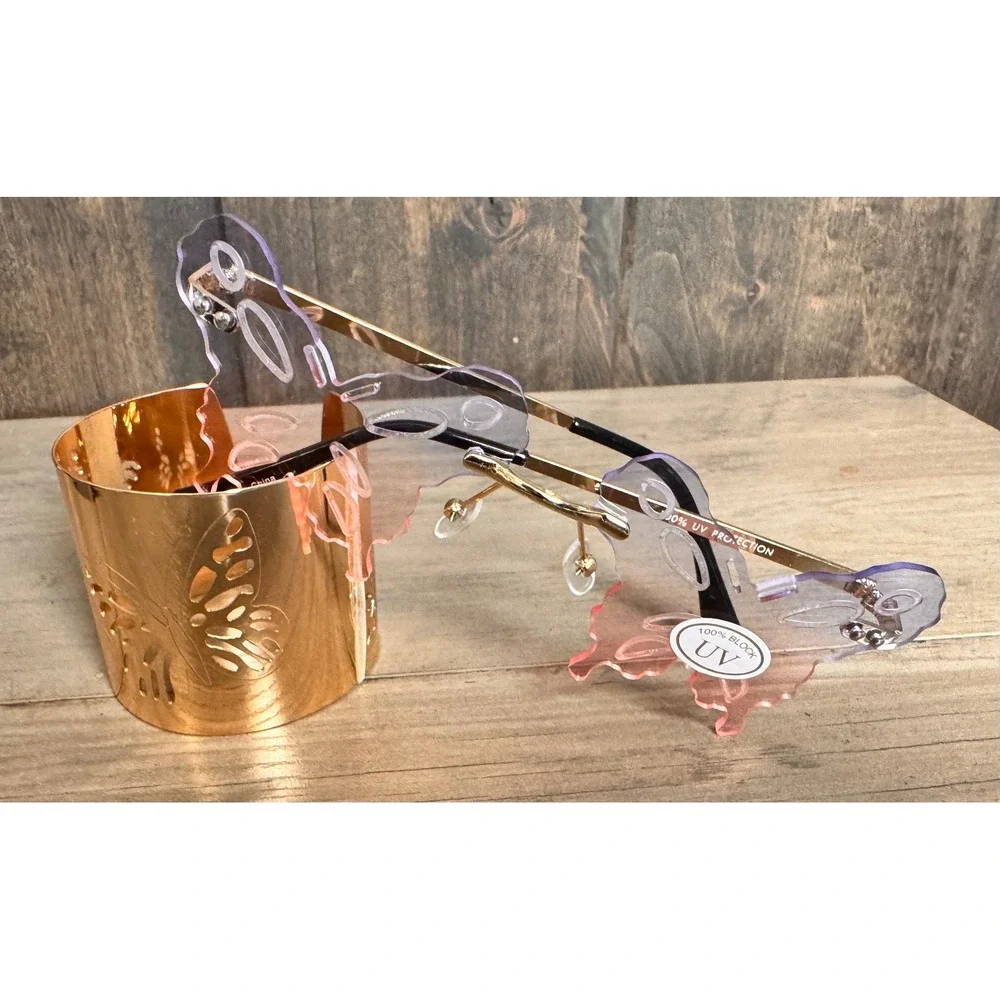 Festival‎ Butterfly Rimless Y2K Sunglasses and Gold Butterfly Cuff Bracelet